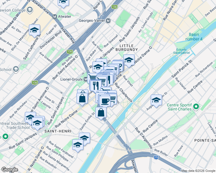 map of restaurants, bars, coffee shops, grocery stores, and more near 2662 Rue Notre Dame Ouest in Montréal