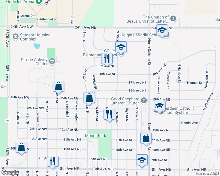 map of restaurants, bars, coffee shops, grocery stores, and more near 422 16th Avenue Northeast in Aberdeen