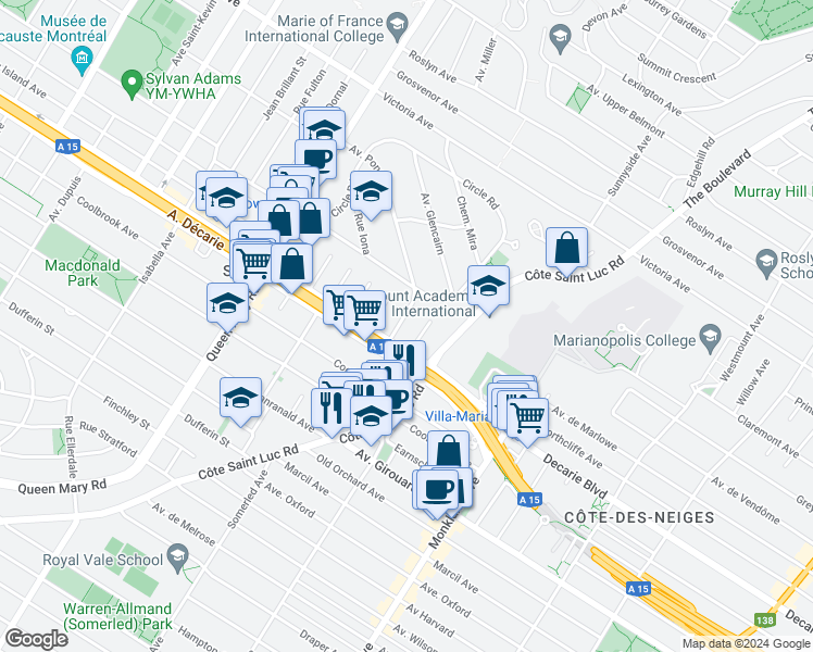 map of restaurants, bars, coffee shops, grocery stores, and more near 5242 Avenue Ponsard in Montréal