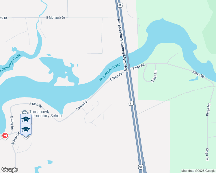 map of restaurants, bars, coffee shops, grocery stores, and more near 1808 East King Road in Tomahawk