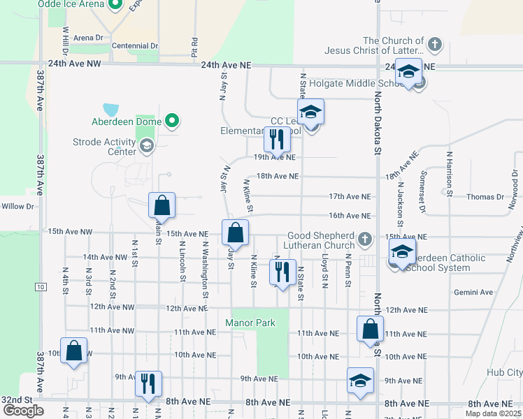 map of restaurants, bars, coffee shops, grocery stores, and more near 422 16th Avenue Northeast in Aberdeen