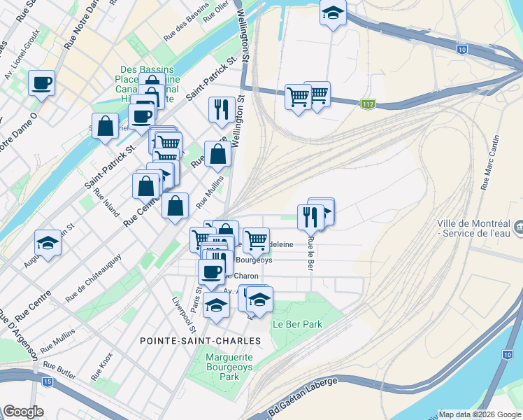 map of restaurants, bars, coffee shops, grocery stores, and more near Rue Favard in Montréal