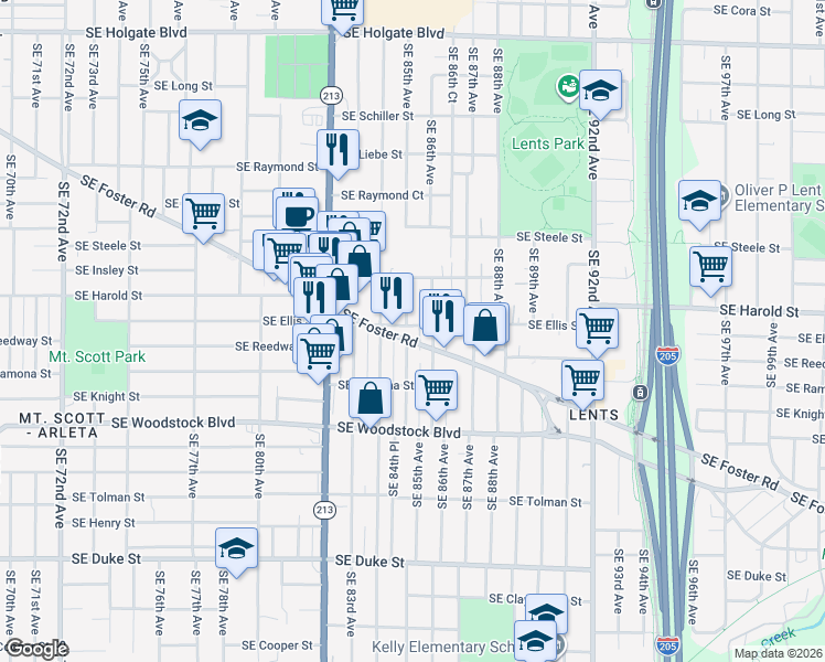 map of restaurants, bars, coffee shops, grocery stores, and more near 8506 Southeast Foster Road in Portland