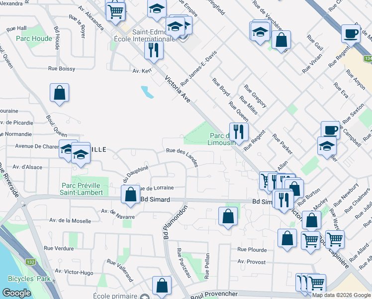 map of restaurants, bars, coffee shops, grocery stores, and more near 243 Rue des Landes in Saint-Lambert