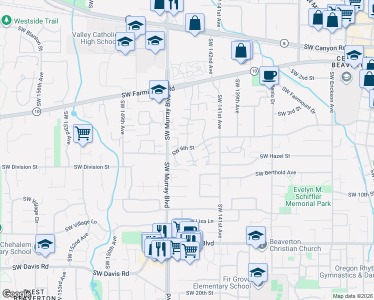 map of restaurants, bars, coffee shops, grocery stores, and more near 14370 Southwest 6th Street in Beaverton