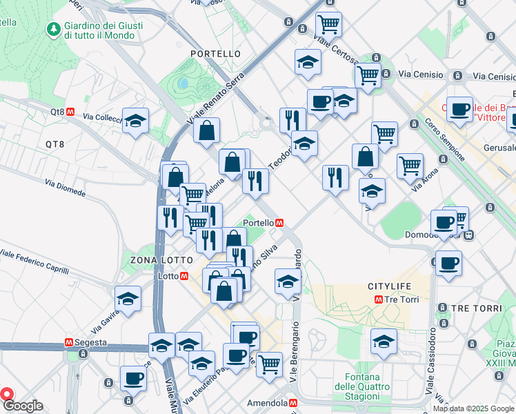map of restaurants, bars, coffee shops, grocery stores, and more near 15 Viale Lodovico Scarampo in Milano