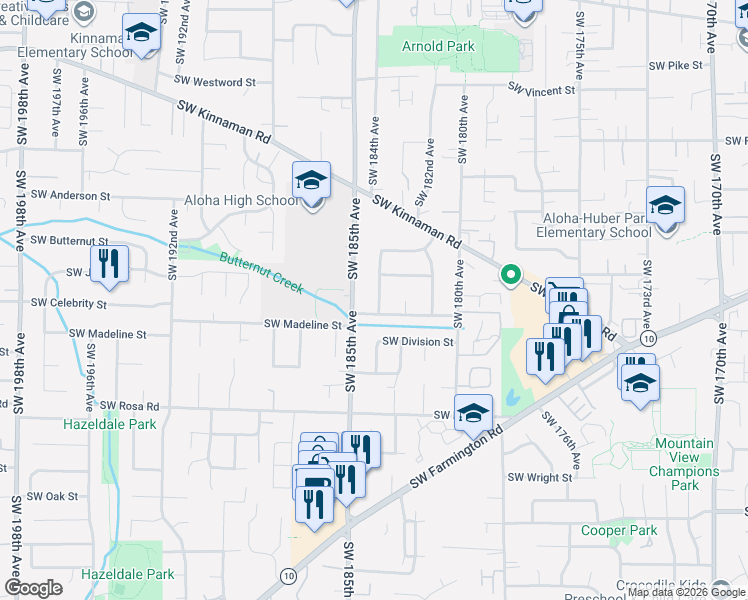 map of restaurants, bars, coffee shops, grocery stores, and more near 5215 Southwest 184th Avenue in Aloha
