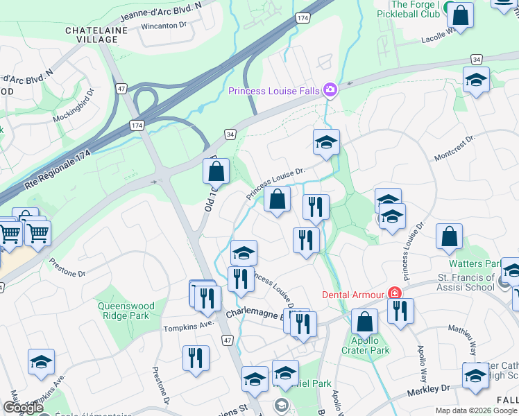 map of restaurants, bars, coffee shops, grocery stores, and more near 1421 York Mills Drive in Ottawa