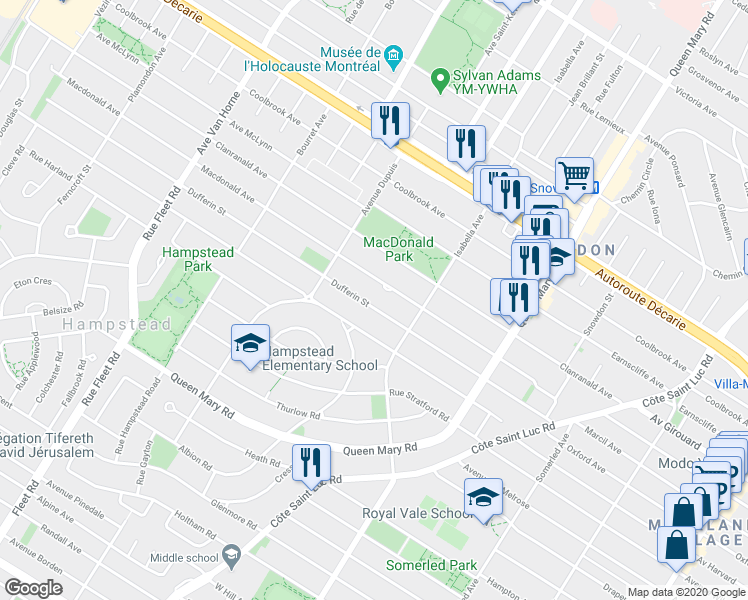 map of restaurants, bars, coffee shops, grocery stores, and more near 181 Rue Dufferin in Hampstead