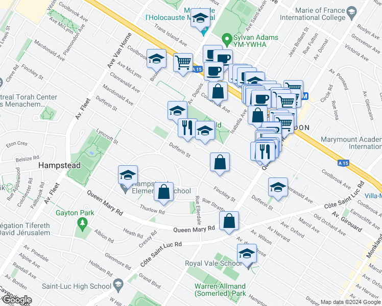 map of restaurants, bars, coffee shops, grocery stores, and more near 181 Rue Dufferin in Hampstead
