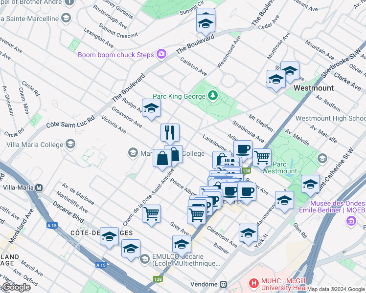 map of restaurants, bars, coffee shops, grocery stores, and more near 465 Chemin de la Côte-Saint-Antoine in Westmount