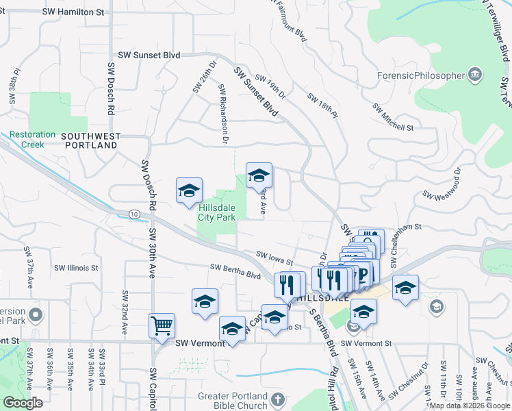 map of restaurants, bars, coffee shops, grocery stores, and more near 5505 Southwest 23rd Avenue in Portland