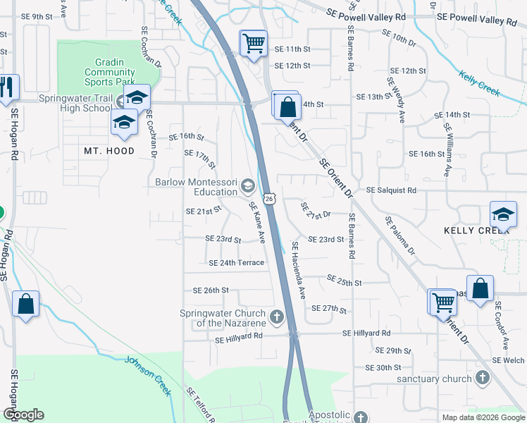 map of restaurants, bars, coffee shops, grocery stores, and more near 2218 Southeast Kane Avenue in Gresham