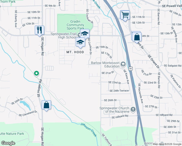 map of restaurants, bars, coffee shops, grocery stores, and more near 2213 Southeast Cochran Drive in Gresham