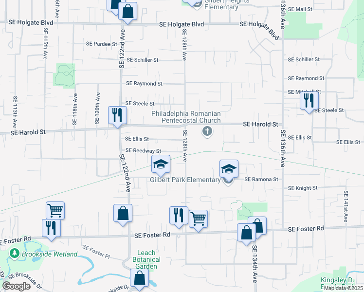 map of restaurants, bars, coffee shops, grocery stores, and more near 5703 Southeast 128th Avenue in Portland