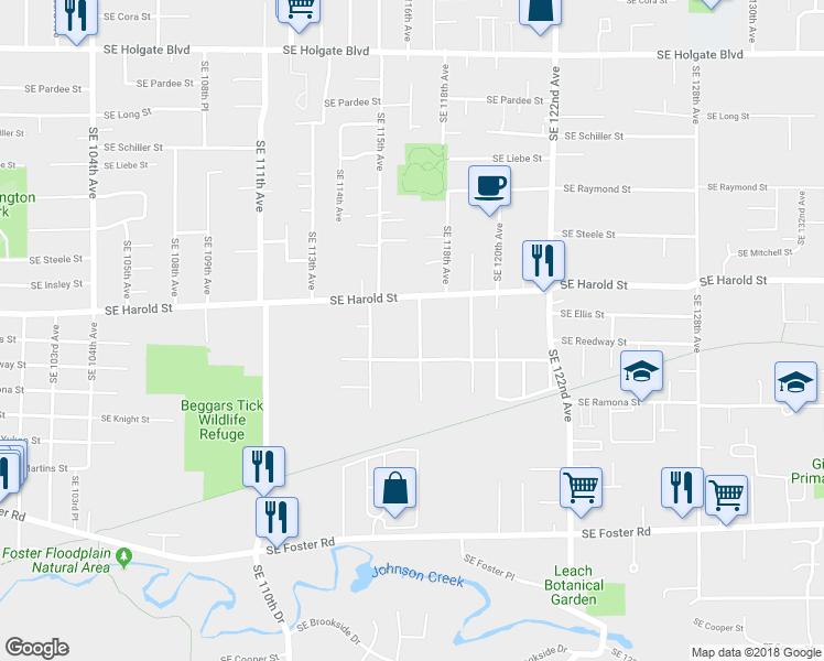 map of restaurants, bars, coffee shops, grocery stores, and more near 11535 Southeast Reedway Street in Portland