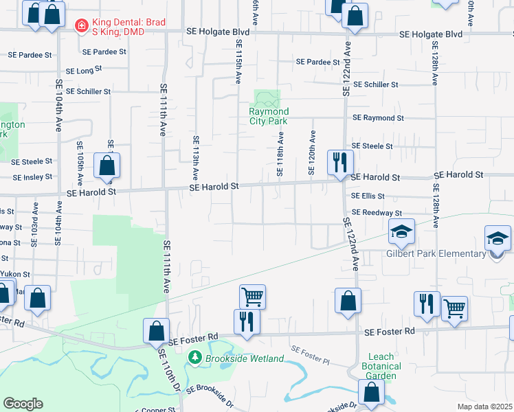map of restaurants, bars, coffee shops, grocery stores, and more near 11535 Southeast Reedway Street in Portland