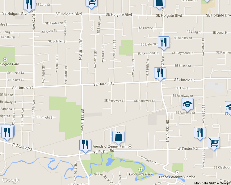 map of restaurants, bars, coffee shops, grocery stores, and more near 11535 Southeast Reedway Street in Portland