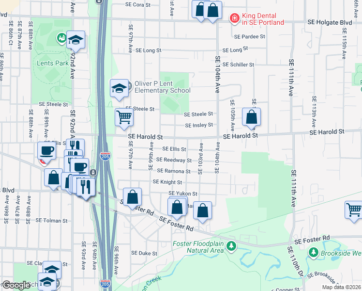 map of restaurants, bars, coffee shops, grocery stores, and more near 10119 Southeast Reedway Street in Portland