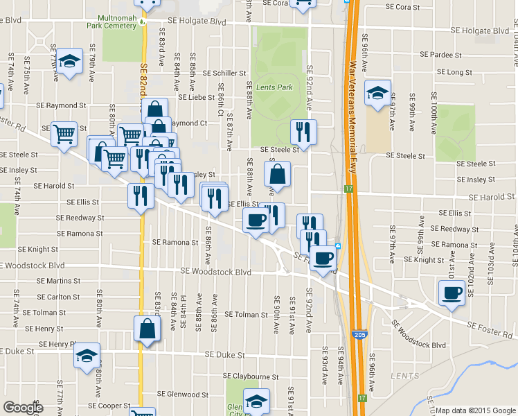 map of restaurants, bars, coffee shops, grocery stores, and more near 8847 Southeast Reedway Street in Portland