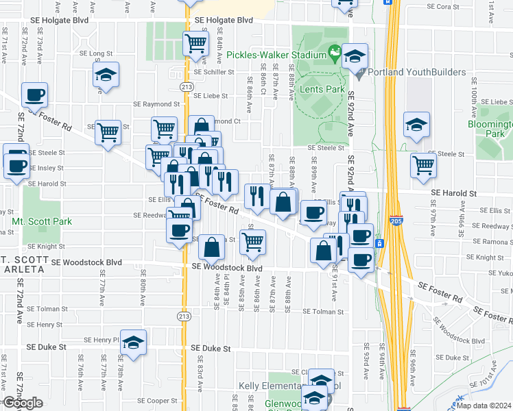 map of restaurants, bars, coffee shops, grocery stores, and more near in Portland