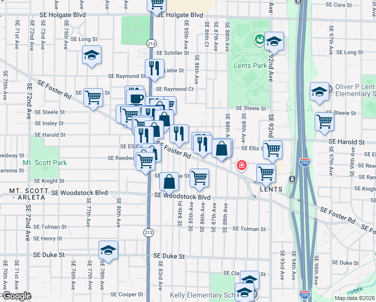 map of restaurants, bars, coffee shops, grocery stores, and more near 8506 Southeast Foster Road in Portland