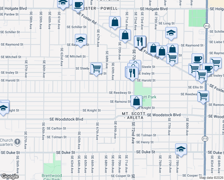 map of restaurants, bars, coffee shops, grocery stores, and more near 5623 Southeast 69th Avenue in Portland