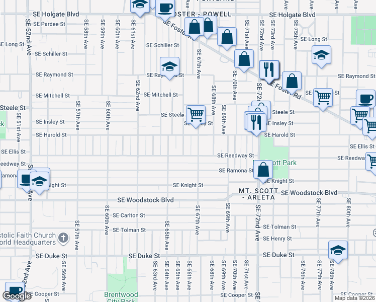 map of restaurants, bars, coffee shops, grocery stores, and more near 6628 Southeast Reedway Street in Portland