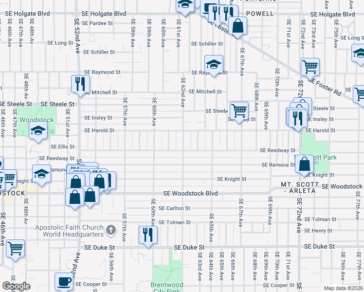 map of restaurants, bars, coffee shops, grocery stores, and more near 5712 Southeast 62nd Avenue in Portland