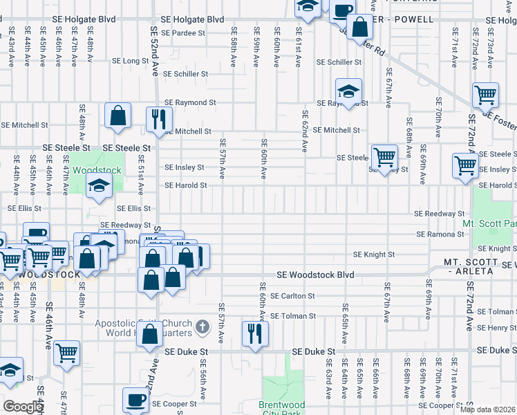 map of restaurants, bars, coffee shops, grocery stores, and more near 5918 Southeast Reedway Street in Portland