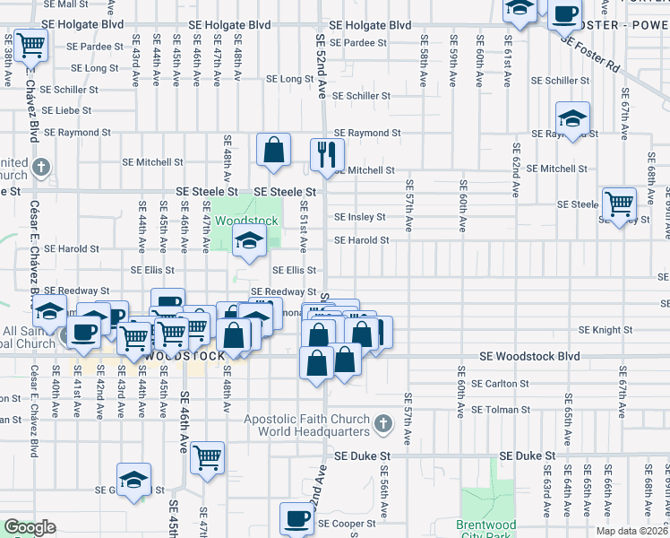 map of restaurants, bars, coffee shops, grocery stores, and more near 5718 Southeast 52nd Avenue in Portland