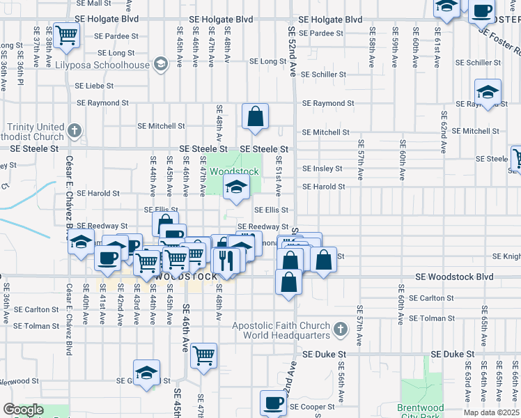 map of restaurants, bars, coffee shops, grocery stores, and more near 5701 Southeast 50th Avenue in Portland