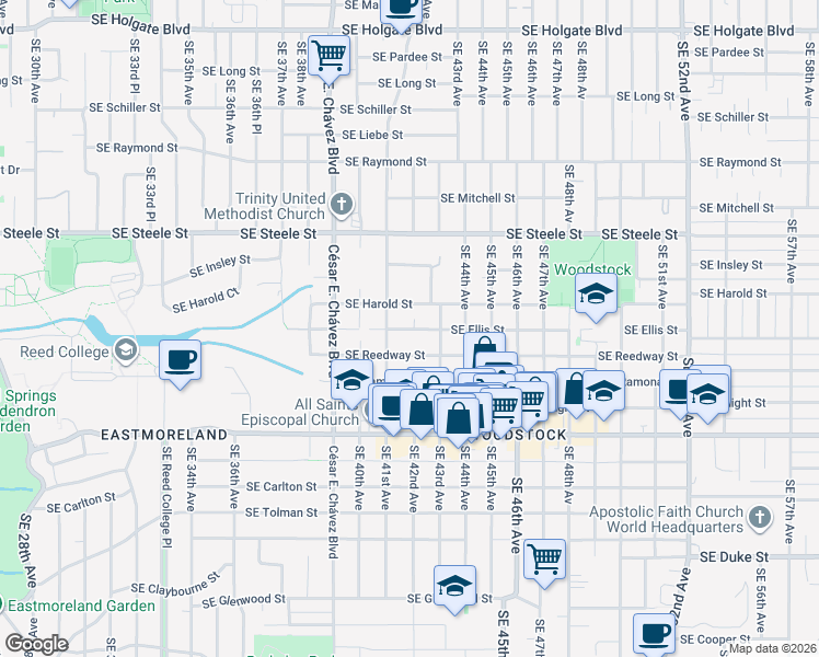 map of restaurants, bars, coffee shops, grocery stores, and more near 4219 Southeast Reedway Street in Portland