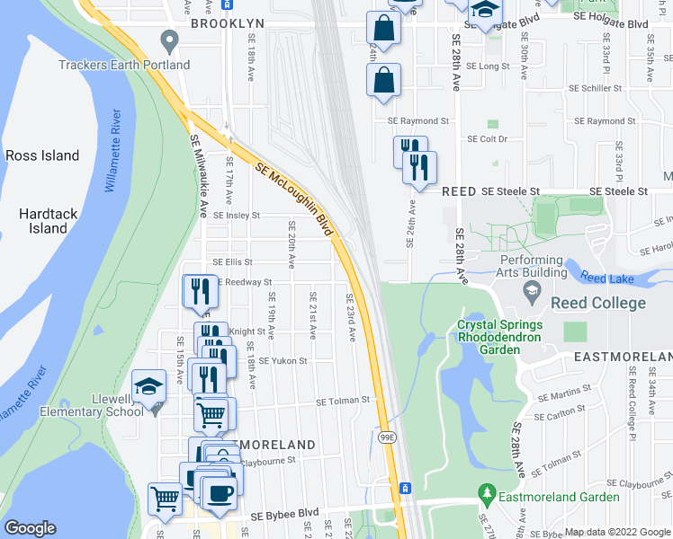 map of restaurants, bars, coffee shops, grocery stores, and more near in Portland