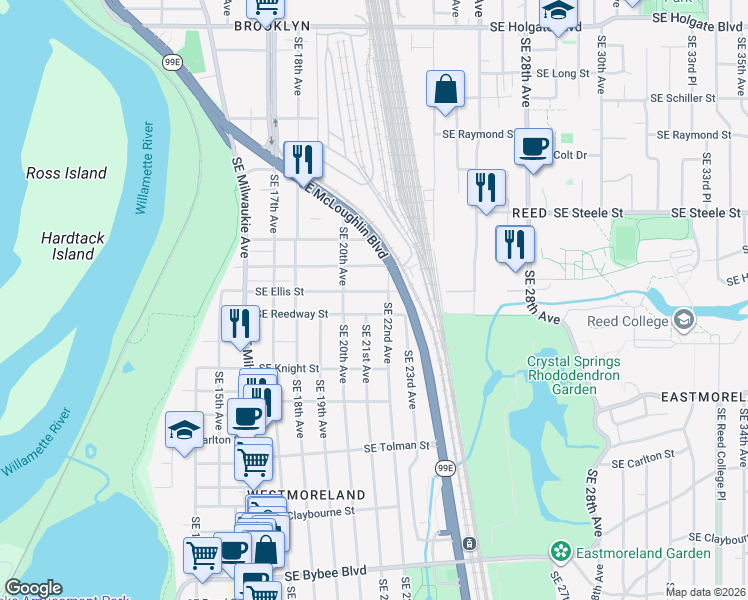 map of restaurants, bars, coffee shops, grocery stores, and more near 5715 Southeast 21st Avenue in Portland