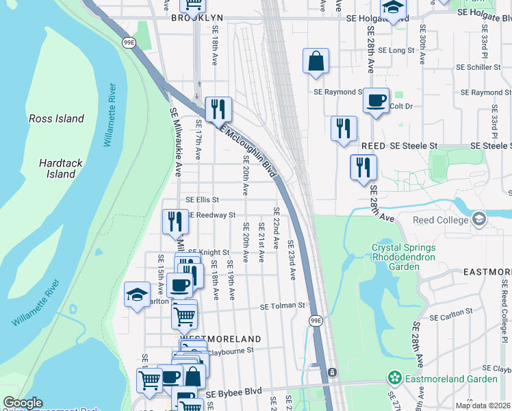 map of restaurants, bars, coffee shops, grocery stores, and more near 5715 Southeast 21st Avenue in Portland