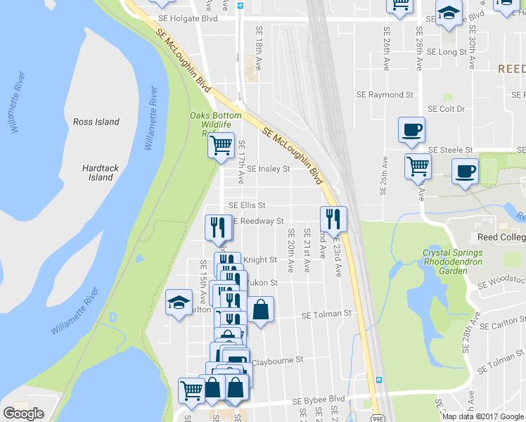 map of restaurants, bars, coffee shops, grocery stores, and more near 1734 Southeast Reedway Street in Portland