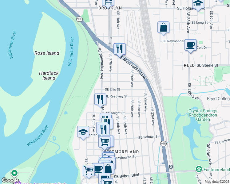 map of restaurants, bars, coffee shops, grocery stores, and more near 1734 Southeast Reedway Street in Portland