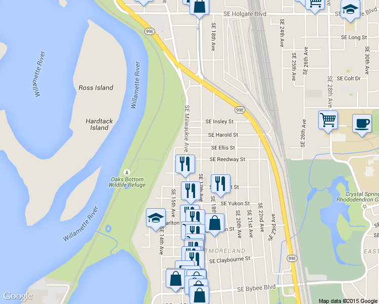 map of restaurants, bars, coffee shops, grocery stores, and more near 1632 Southeast Reedway Street in Portland