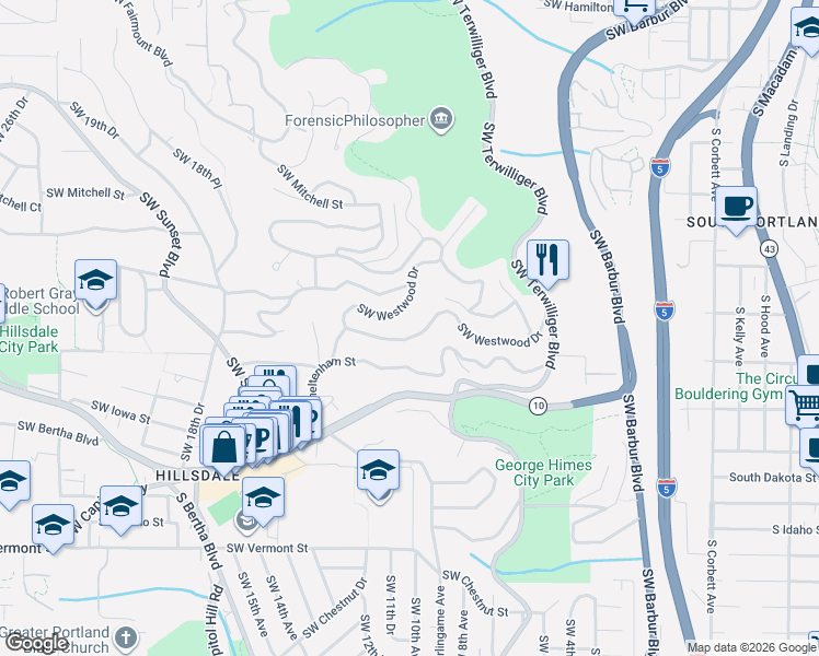 map of restaurants, bars, coffee shops, grocery stores, and more near 836 Southwest Westwood Drive in Portland