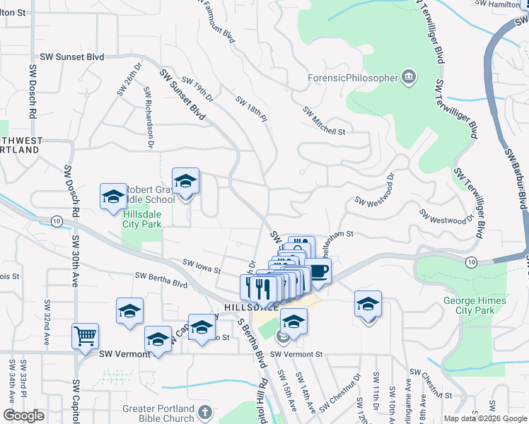 map of restaurants, bars, coffee shops, grocery stores, and more near 5737 Southwest 18th Drive in Portland