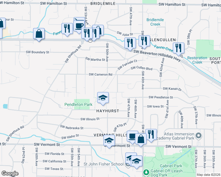 map of restaurants, bars, coffee shops, grocery stores, and more near 4848 Southwest Pendleton Street in Portland