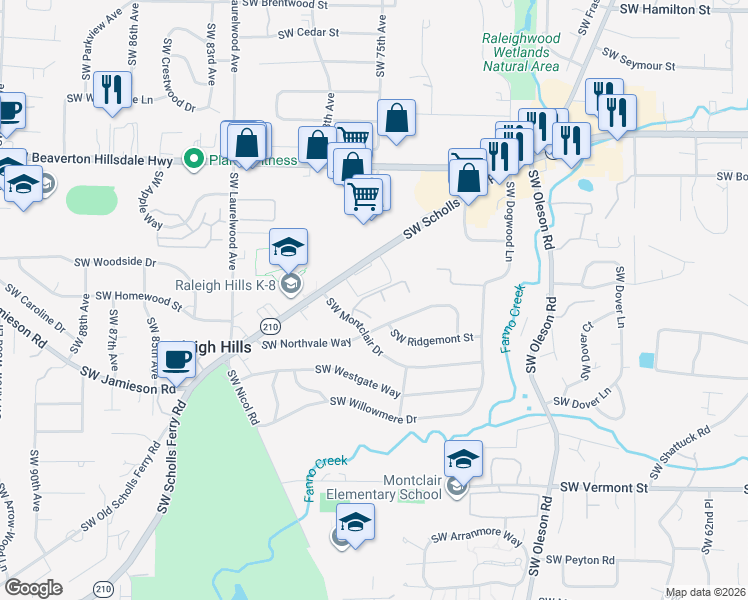 map of restaurants, bars, coffee shops, grocery stores, and more near 7712 Southwest Green Valley Terrace in Portland