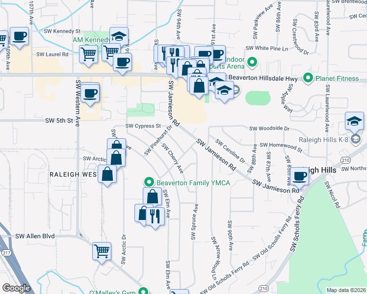 map of restaurants, bars, coffee shops, grocery stores, and more near 9350 Southwest Royal Woodlands Drive in Beaverton