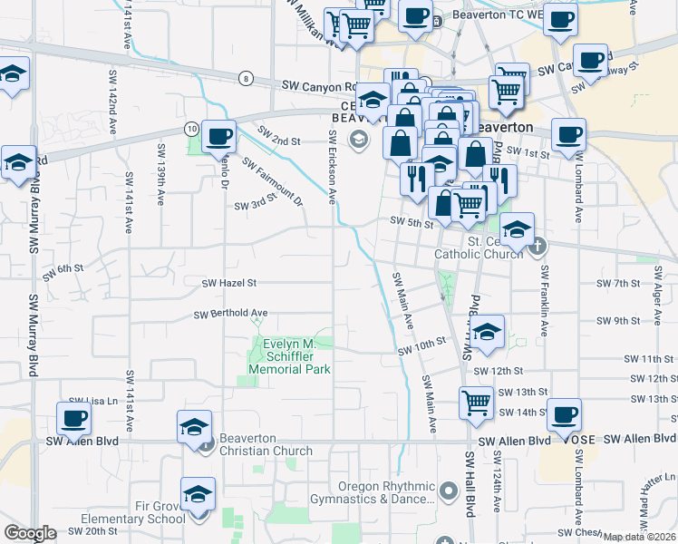 map of restaurants, bars, coffee shops, grocery stores, and more near 5316 Southwest Erickson Avenue in Beaverton