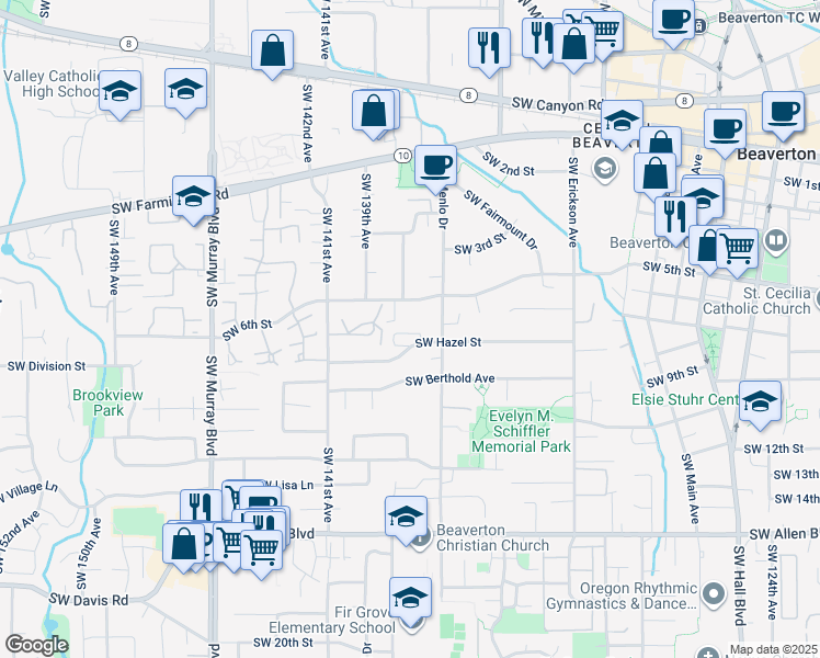 map of restaurants, bars, coffee shops, grocery stores, and more near 13745 Southwest Hazel Street in Beaverton