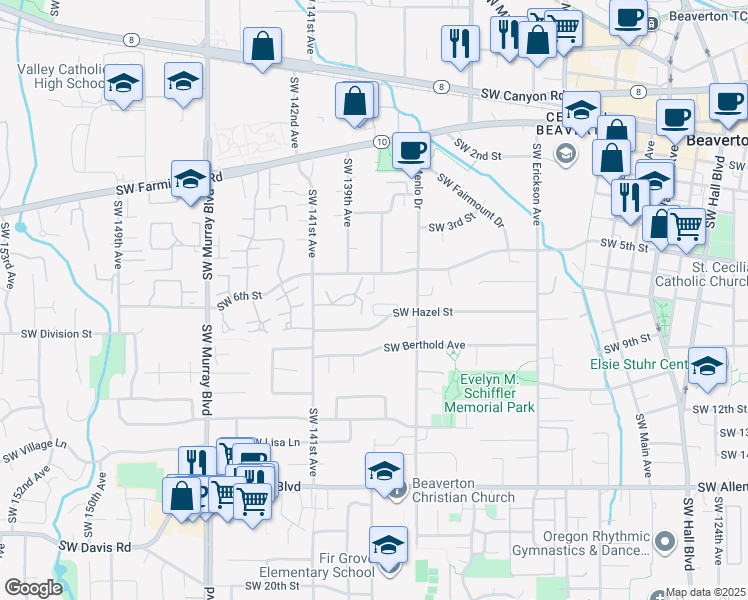 map of restaurants, bars, coffee shops, grocery stores, and more near 13745 Southwest Hazel Street in Beaverton