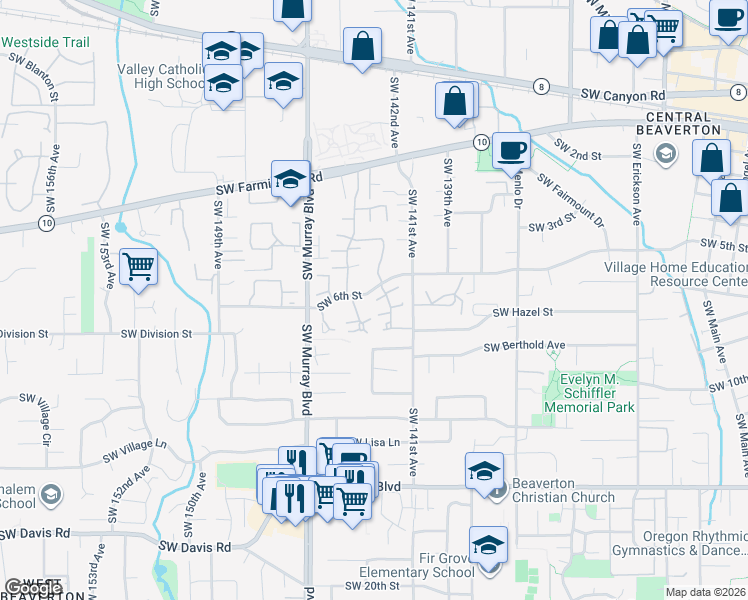 map of restaurants, bars, coffee shops, grocery stores, and more near 5289 Southwest Barclay Court in Beaverton