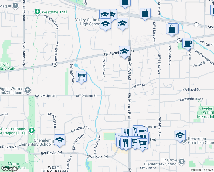 map of restaurants, bars, coffee shops, grocery stores, and more near 5320 Southwest 149th Avenue in Beaverton