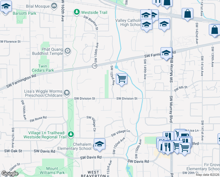 map of restaurants, bars, coffee shops, grocery stores, and more near 5335 Southwest 153rd Avenue in Beaverton